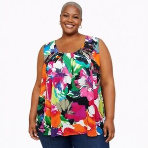 JONES STUDIO SEPARATES Size 3X Sleeveless Colorful Floral Clash Pleated Blouse